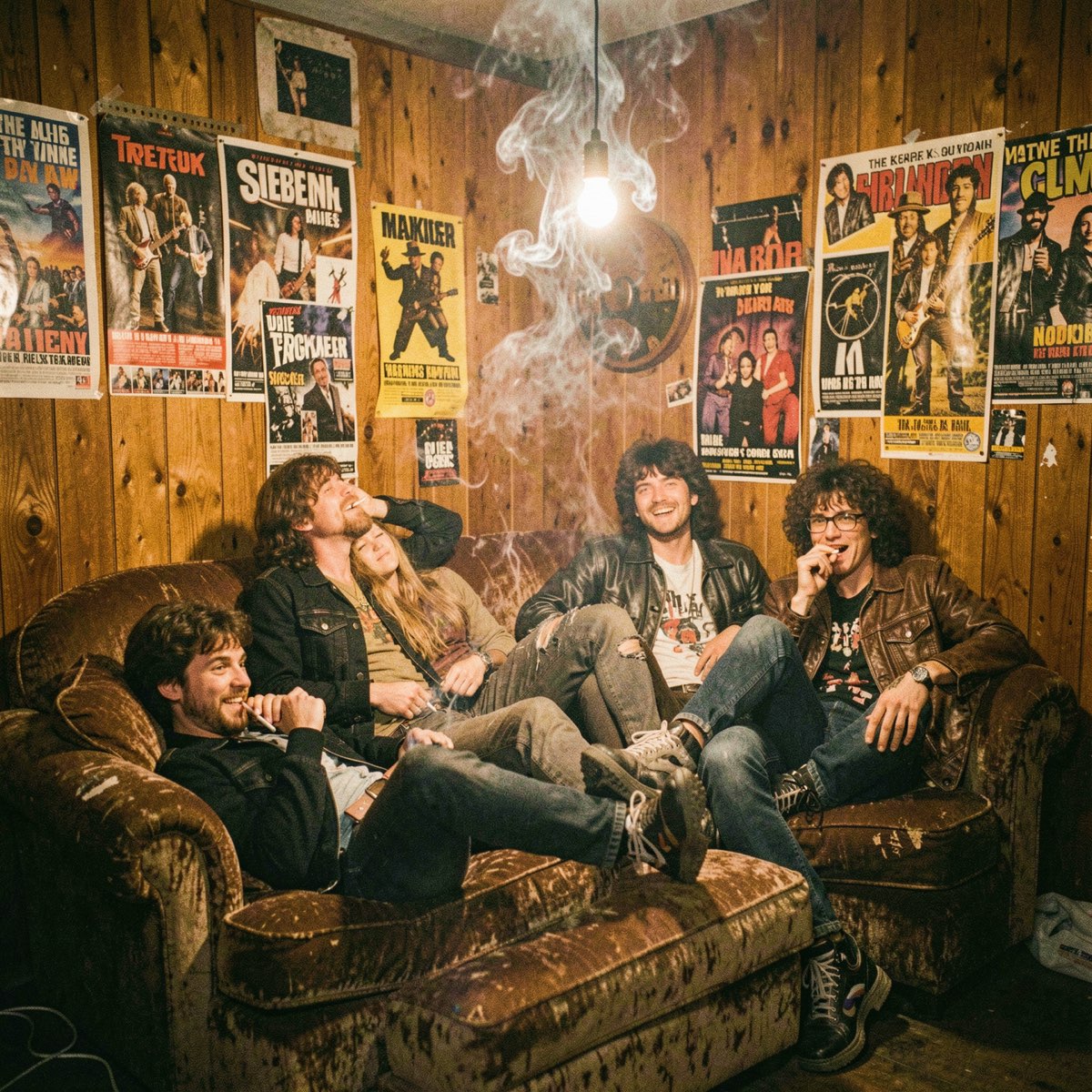 Musicians and creators lounging in a wood-paneled backstage room