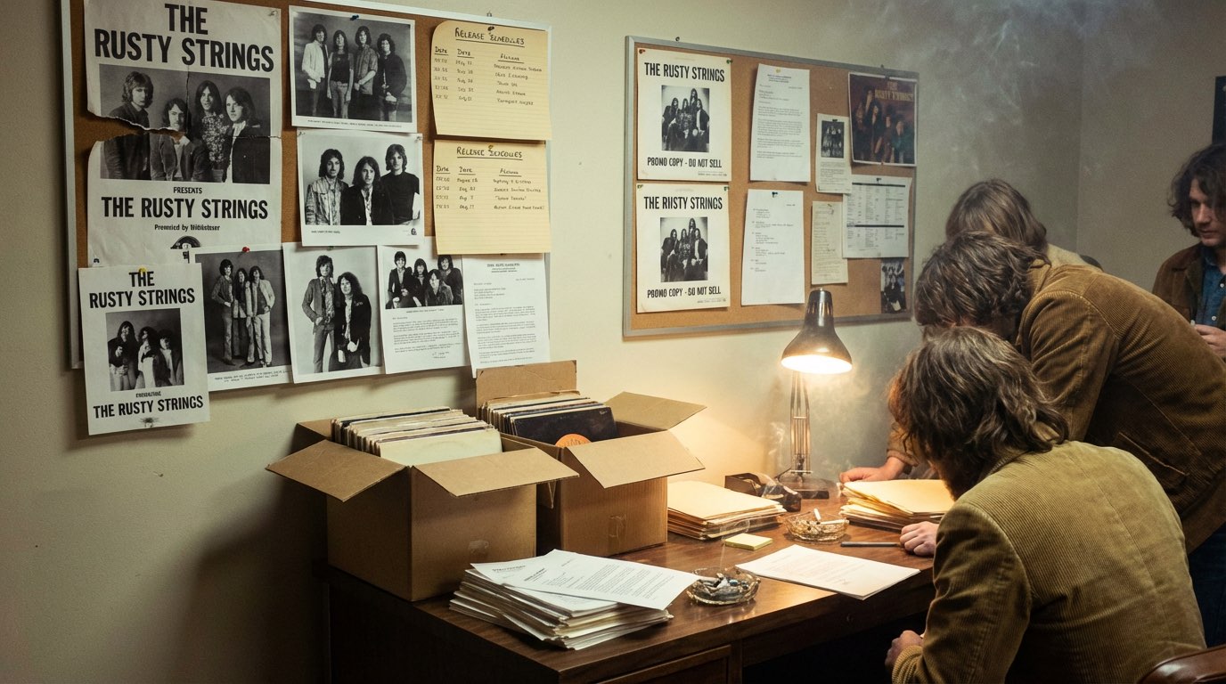 Record-label promo room with posters, paperwork, and records being prepared