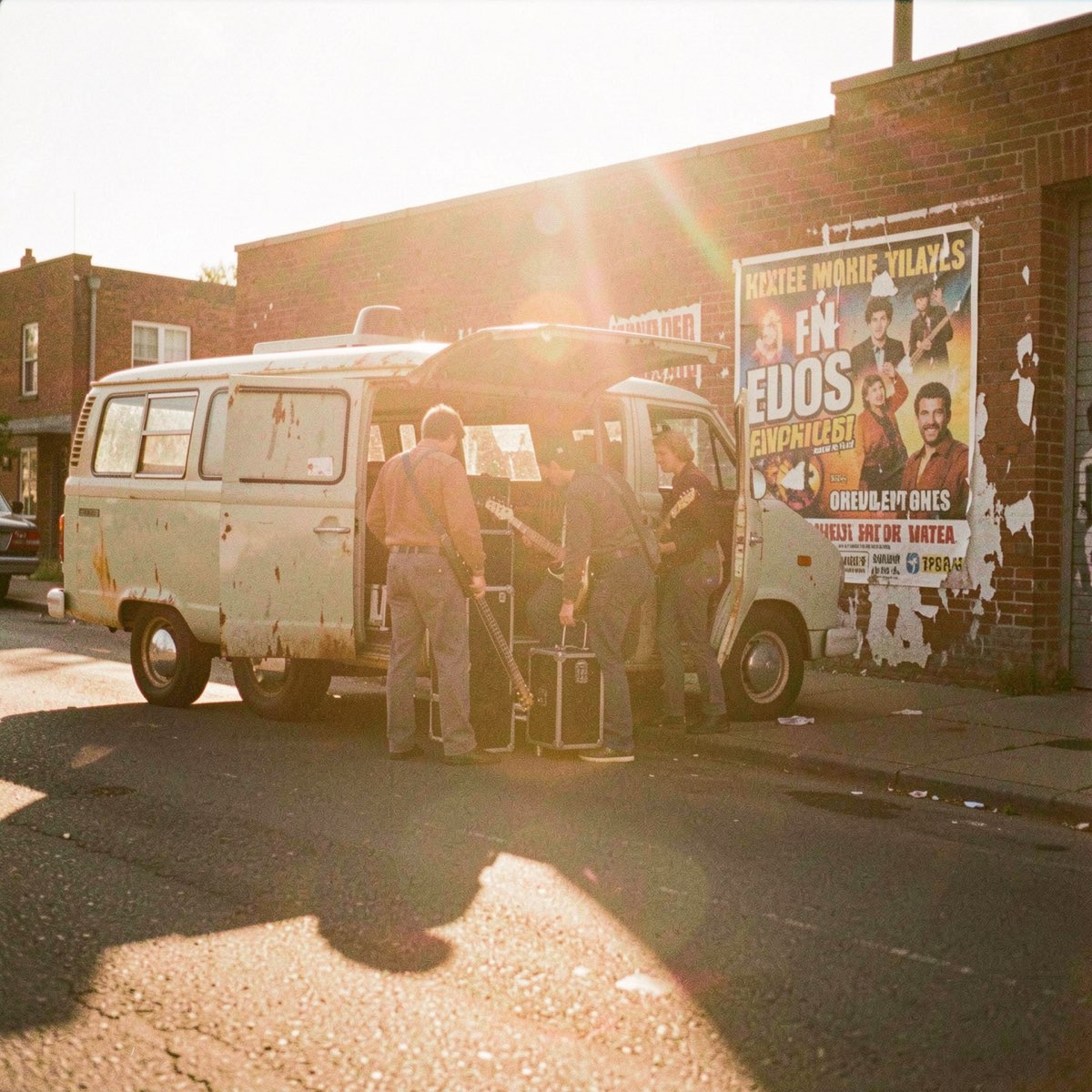 A band loading equipment into a van on an empty street