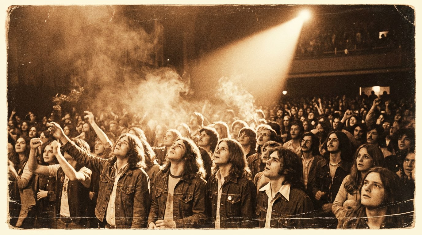 Crowd gathered beneath a blazing spotlight at a live show