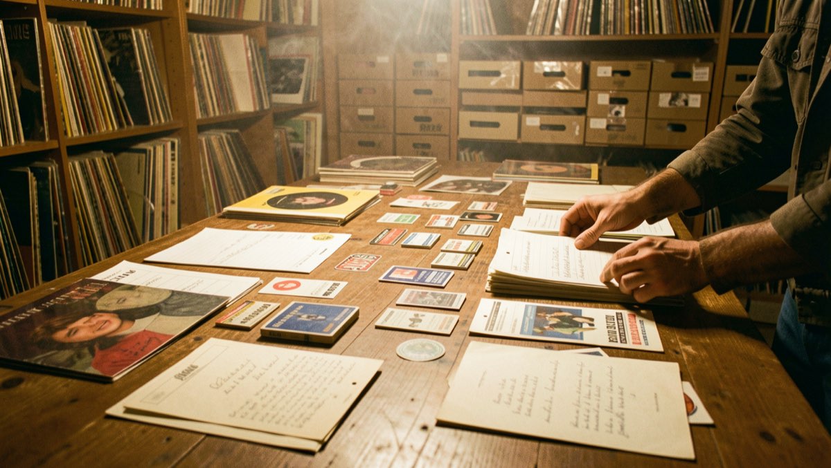 Record label archive table with sleeves and release notes