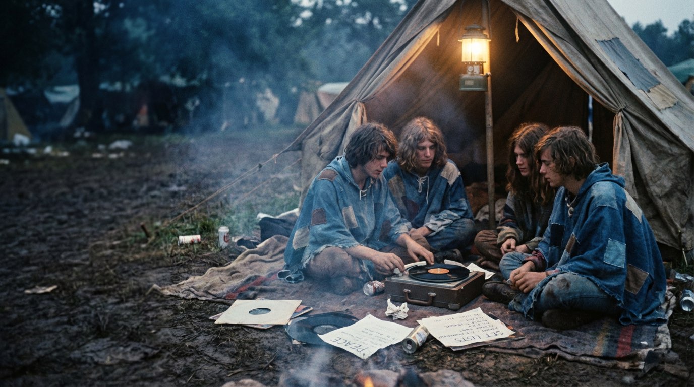 Friends gathered outside a campsite tent listening to a portable record player at dusk