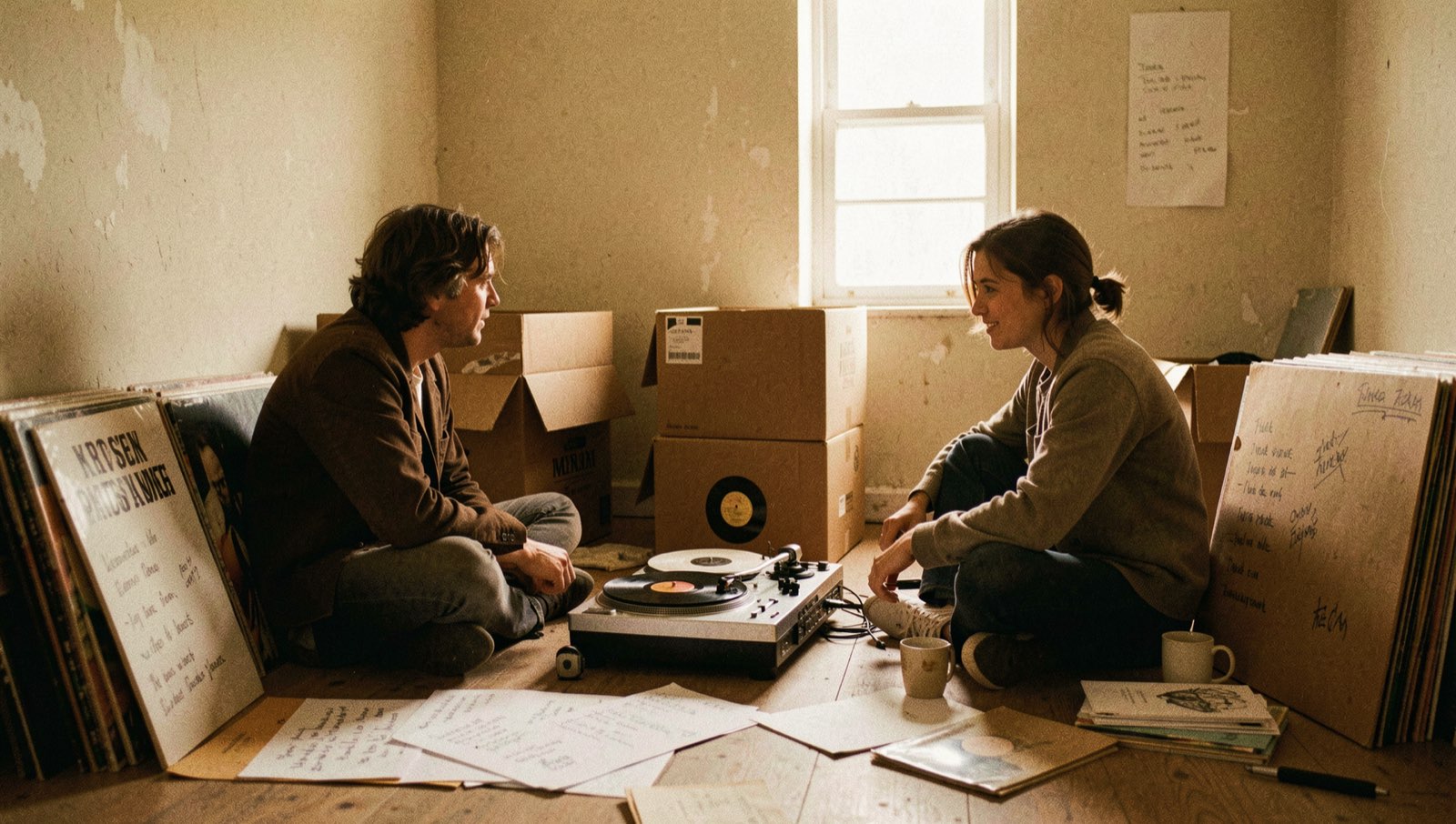 Two people sitting on the floor with records, notes, and a turntable