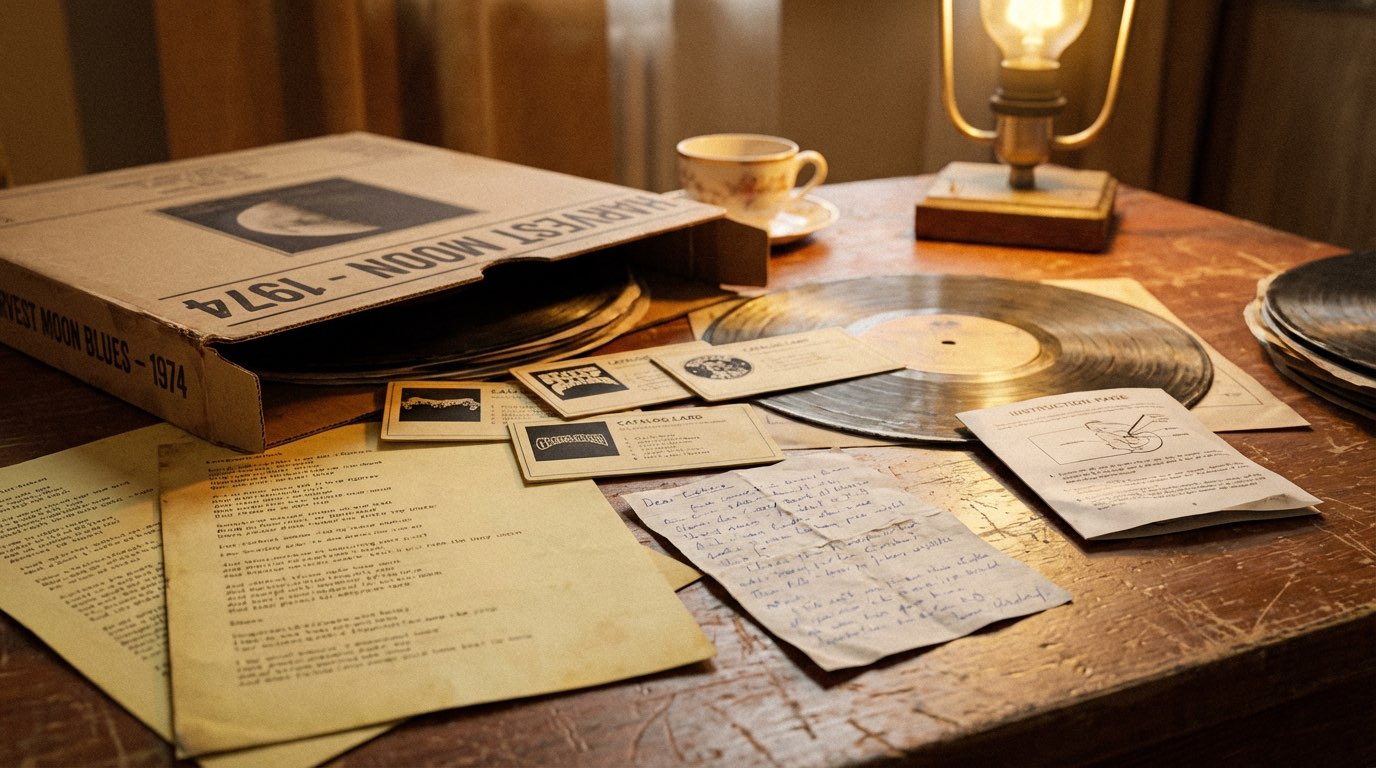 Open record sleeve with inserts, handwritten notes, and an instruction sheet laid out on a table